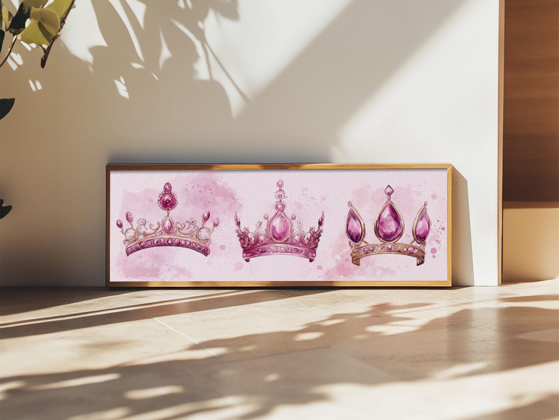 Pink Jeweled Crowns Watercolor Royal Gemstone Magenta Crown Canvas Art Poster - Image 5