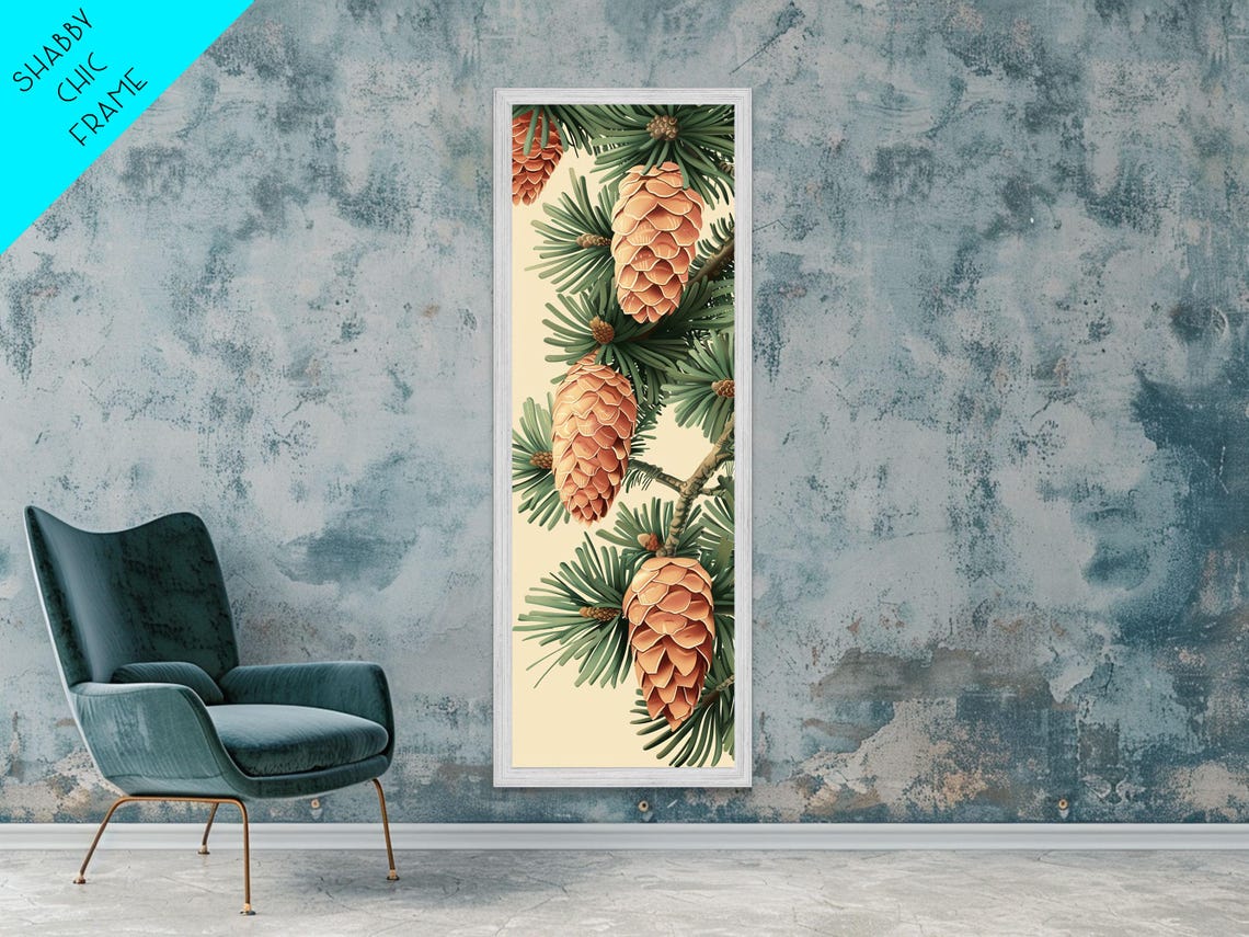 Golden Pinecones On Green Pine Needles Vintage Botanical Wall Art - Image 2