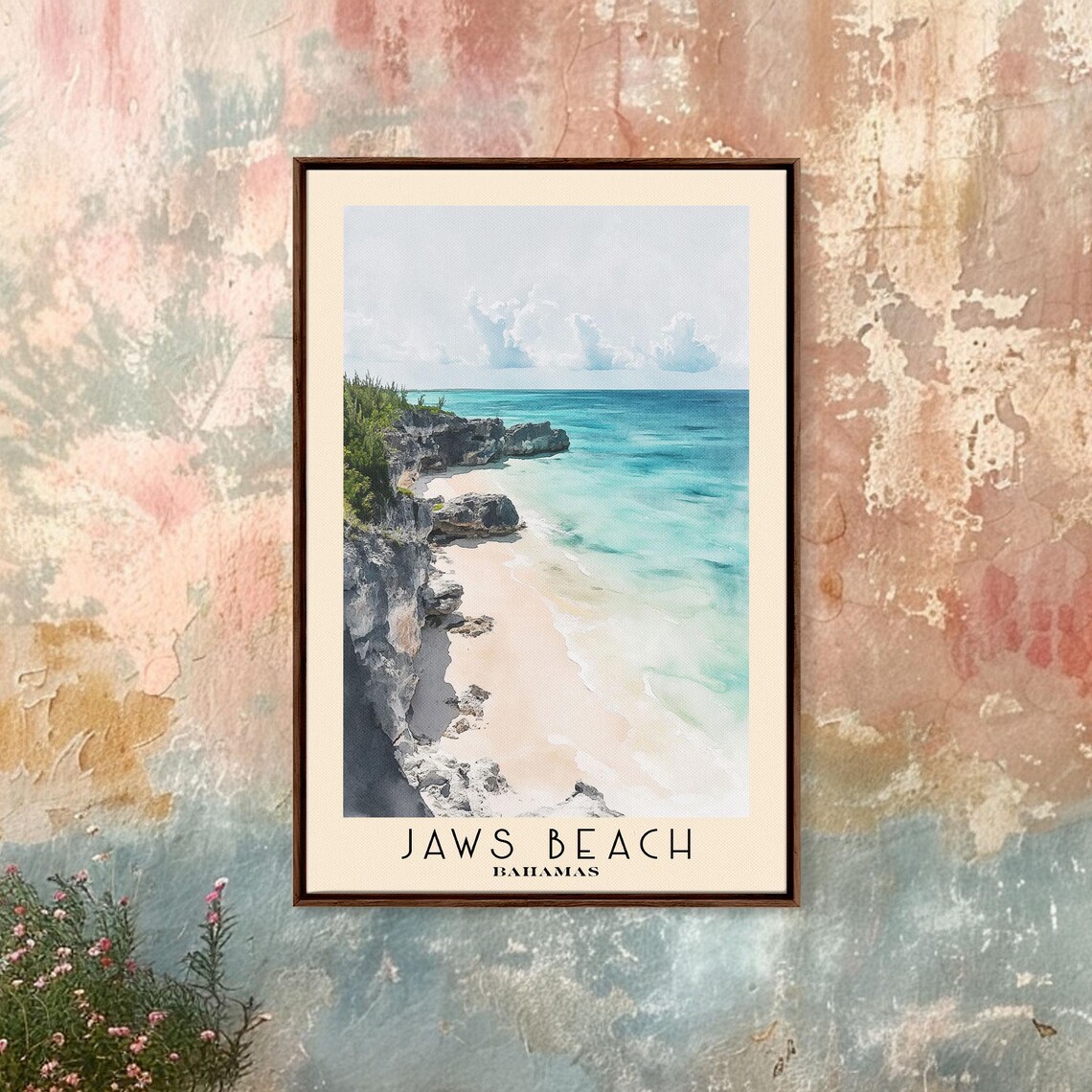 Jaws Beach Bahamas Turquoise Cove Rocky Cliffs Watercolor Travel Poster - Image 4