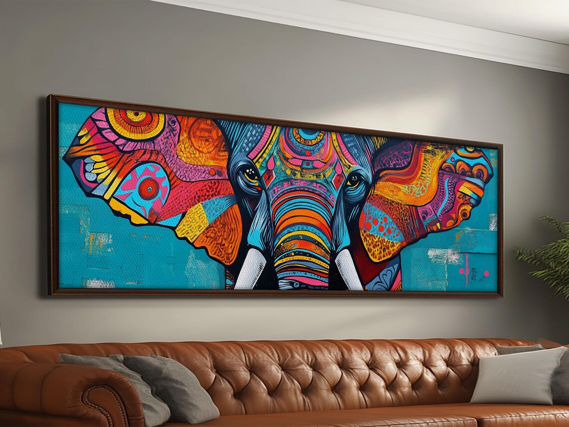 Vibrant Geometric Elephant Head Colorful Tribal Art Panoramic Wall Poster - Image 6