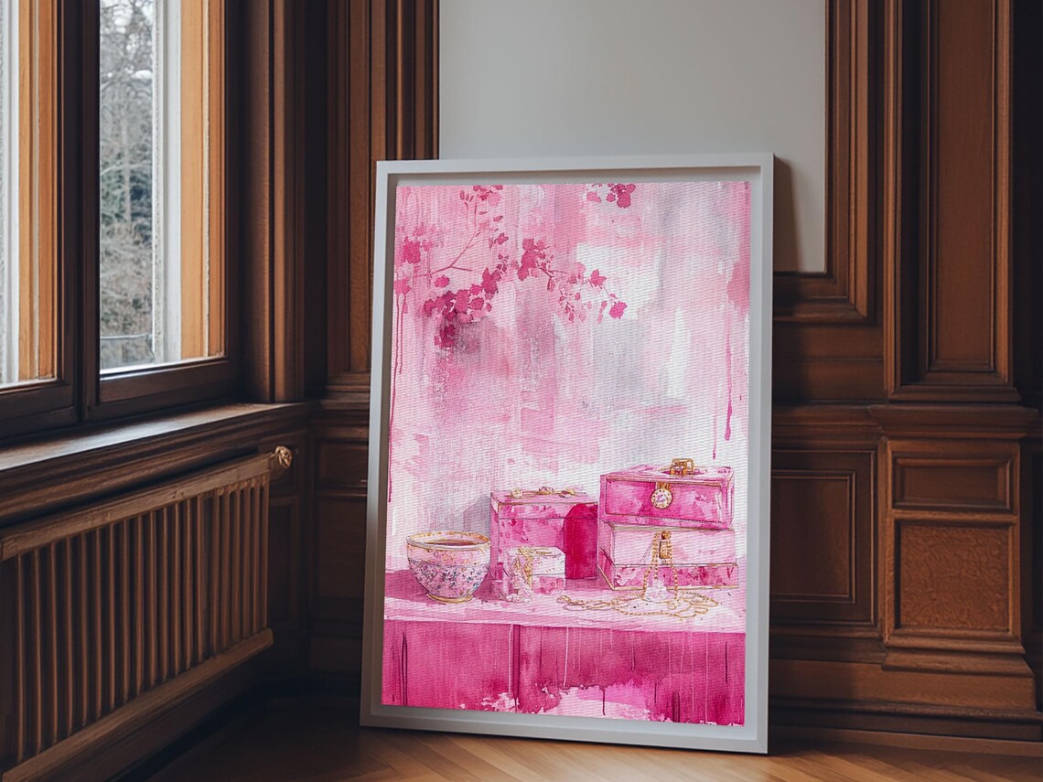 Pink Jewelry Boxes Perfume Bottles Watercolor Vanity Art Wall Poster - Image 2