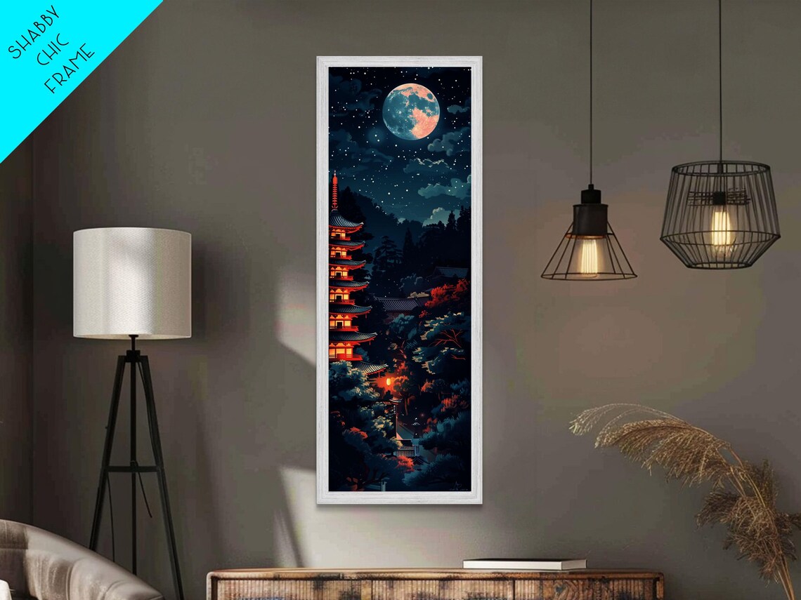 Japanese Pagoda Temple Full Moon Night Blue Red Tall Art Poster - Image 5