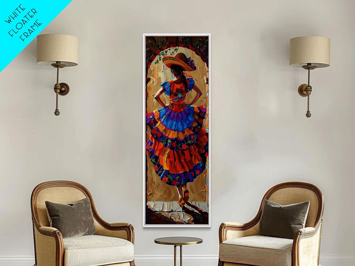 Mexican Dancer In Colorful Ruffled Dress And Sombrero Impasto Wall Art - Image 5