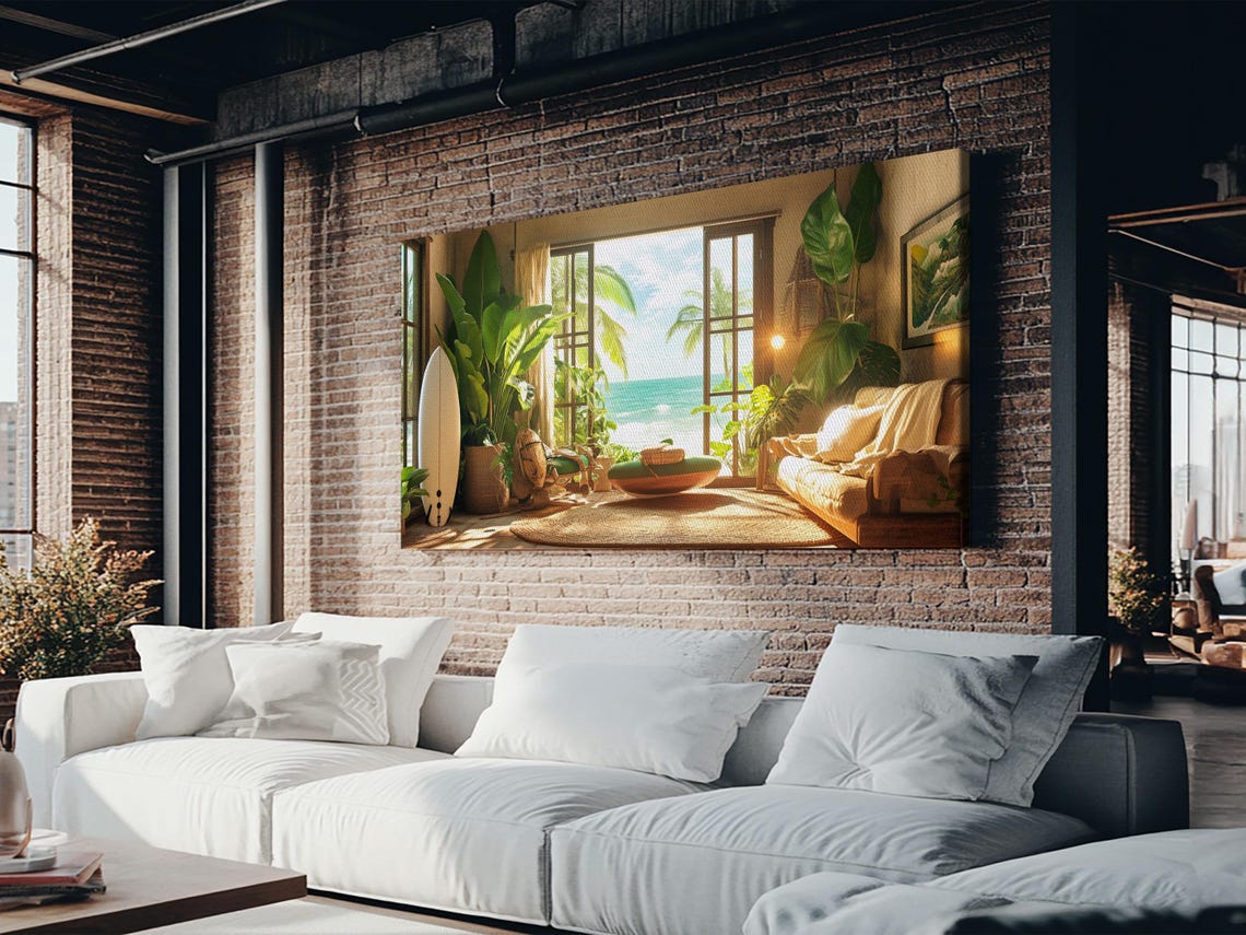 Sunny Surf Beach Interior Open Doors Ocean View Palm Plants Wall Art - Image 4