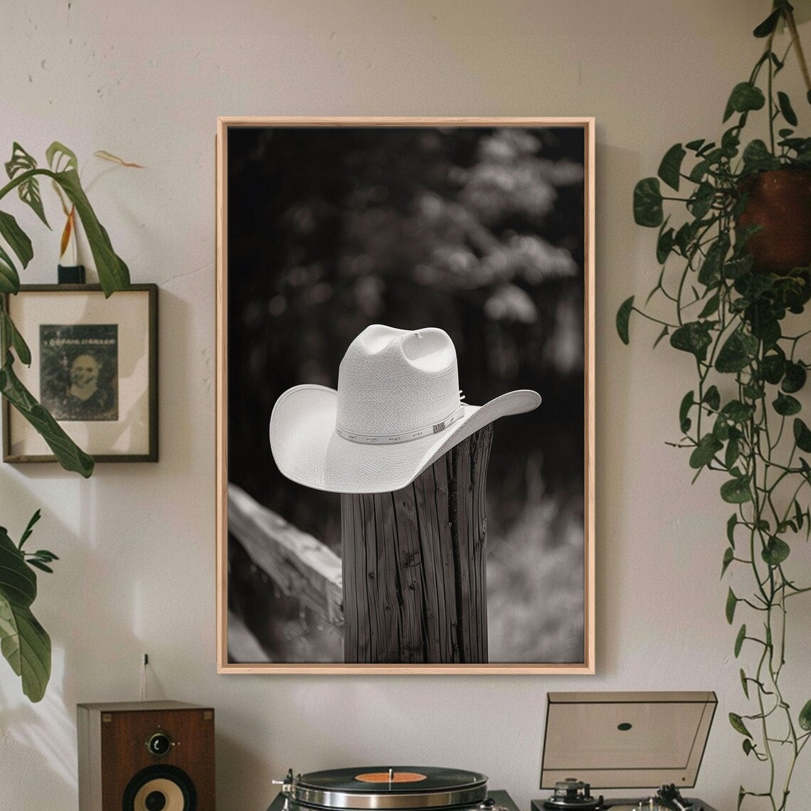 White Cowboy Hat On Wooden Fence Post Rustic Black White Photo Poster - Image 2