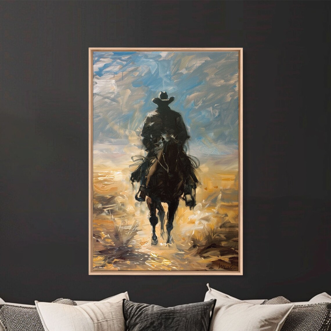 Cowboy Silhouette Riding Into Sunset Dark Western Art Wall Poster
