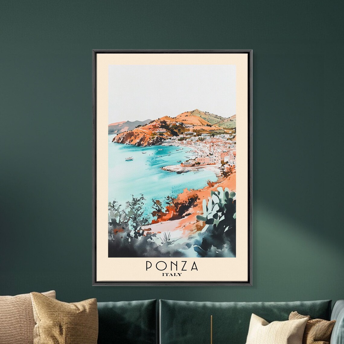 Ponza Italy Turquoise Harbor Pastel Town Cacti Watercolor Travel Poster - Image 5