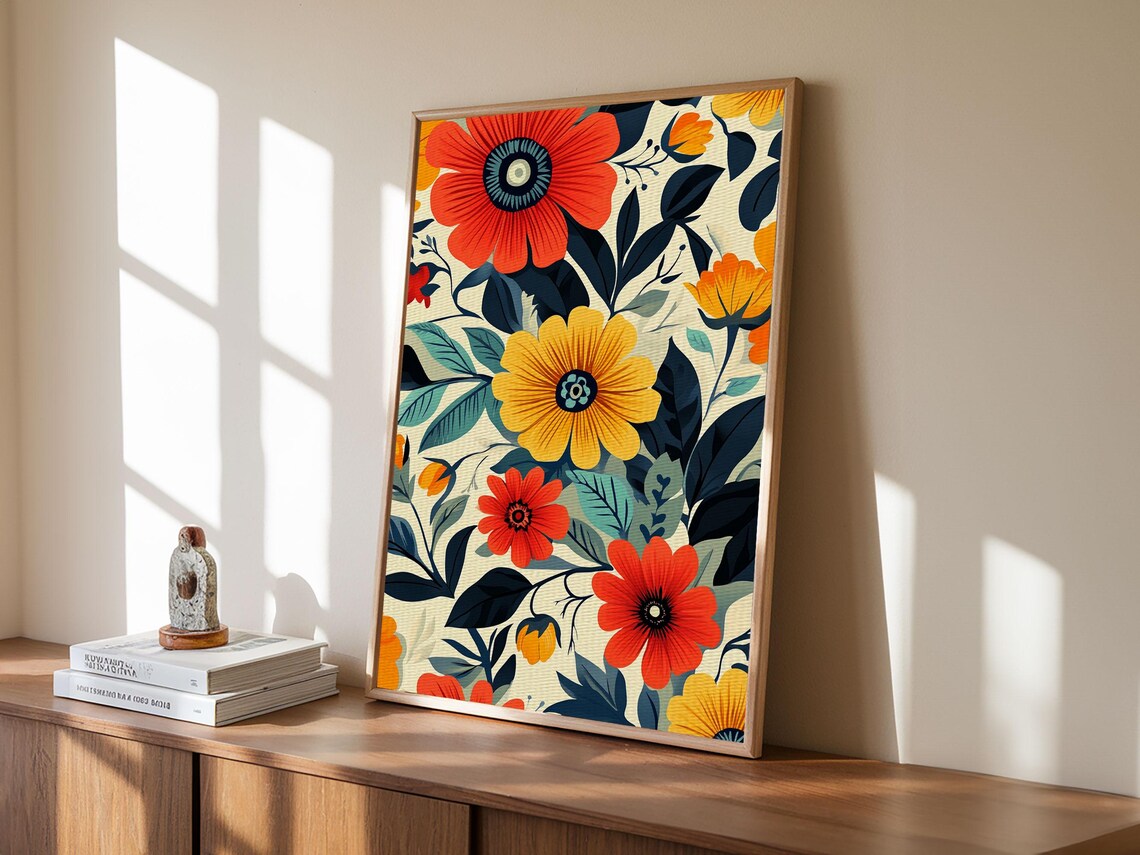 Mid Century Modern Floral Pattern Bold Retro Blooms Cream Art Poster - Image 2