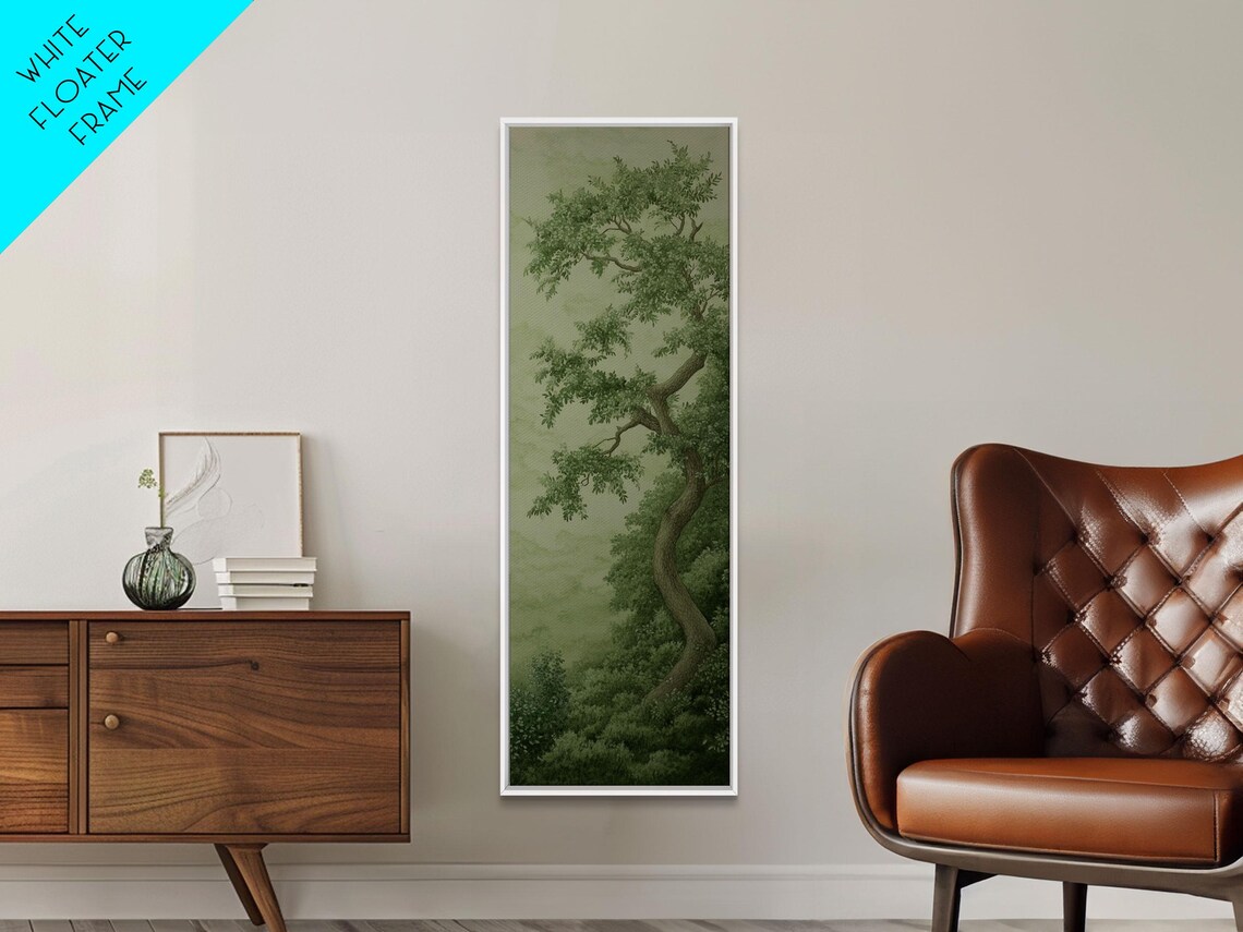 Misty Green Tree Landscape Tall Narrow Wabi Sabi Botanical Art Print
