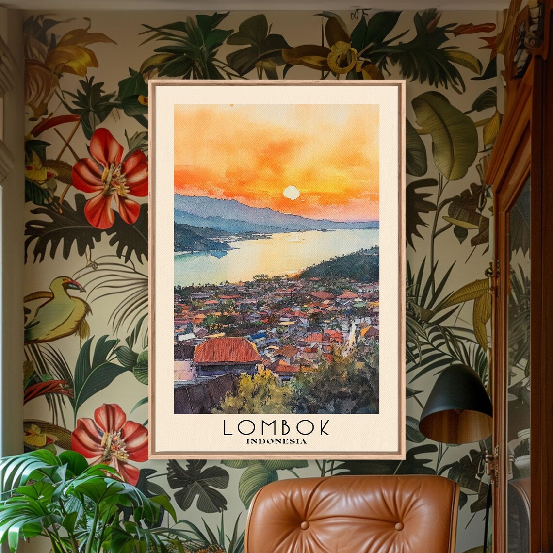 Lombok Indonesia Sunset Coastal Town Bay Mountain View Travel Poster - Image 2