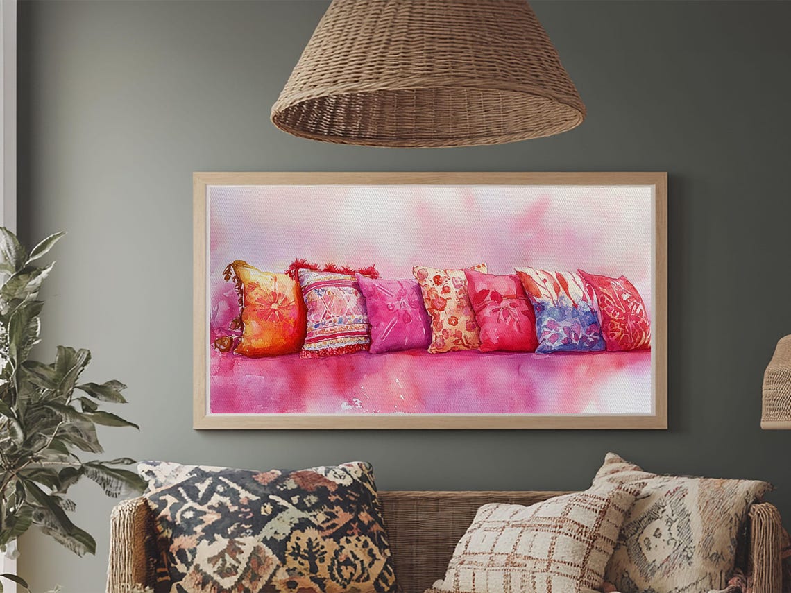 Colorful Patterned Throw Pillows Watercolor Boho Cushion Decor Poster