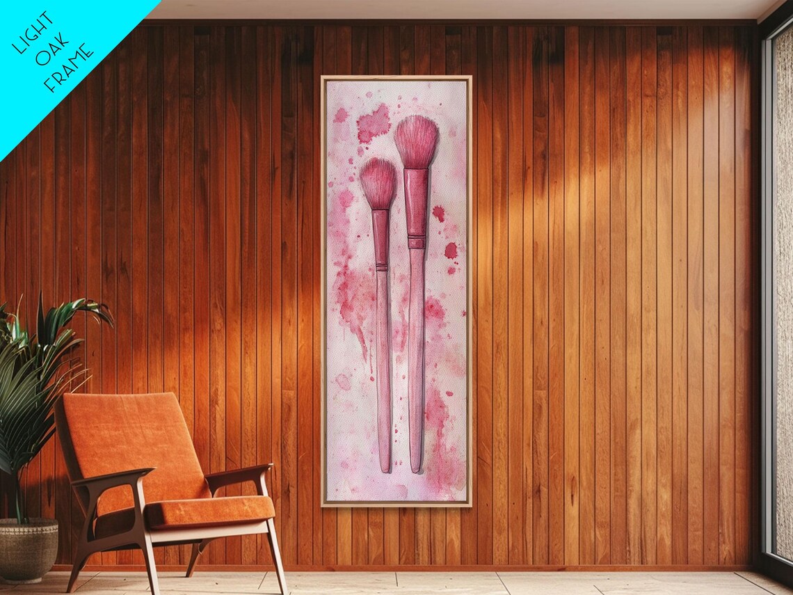 Pink Makeup Brushes Watercolor Vertical Tall Skinny Glam Vanity Wall Art - Image 3