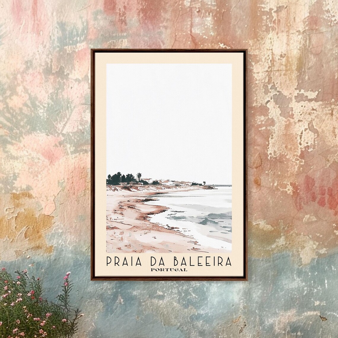 Praia da Baleeira Portugal Minimal Pale Shore Airy Watercolor Travel Poster