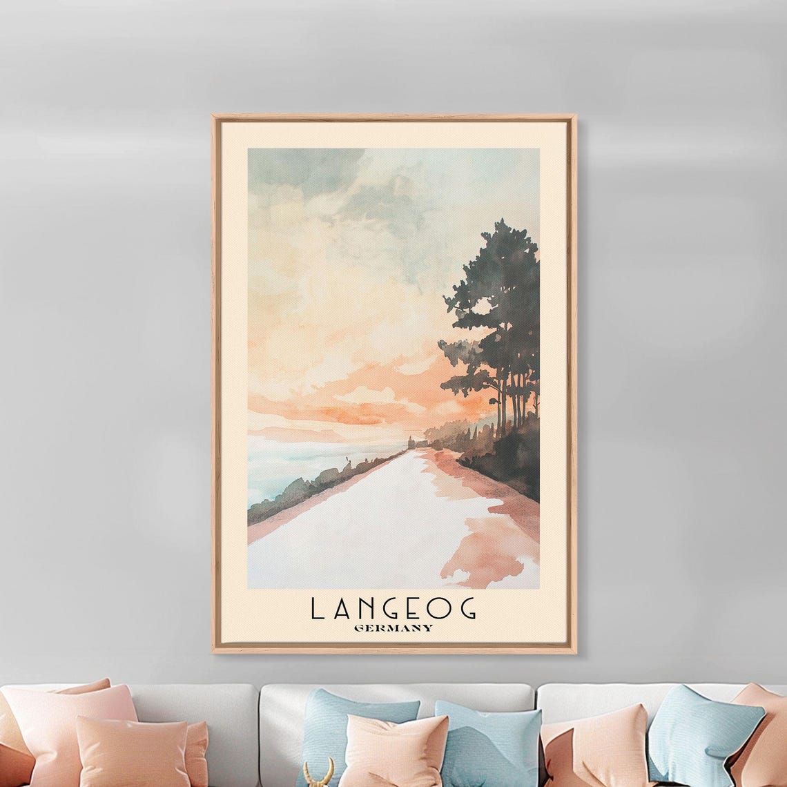 Langeog Germany Soft Pastel Pale Shore Trees Peach Sky Poster - Image 3