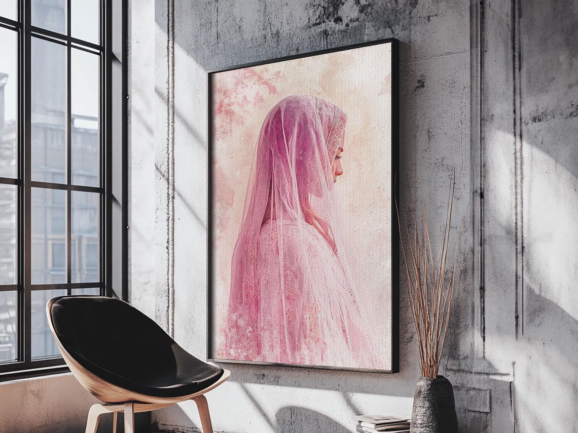 Woman In Flowing Pink Veil Watercolor Romantic Portrait Wall Art Print - Image 2
