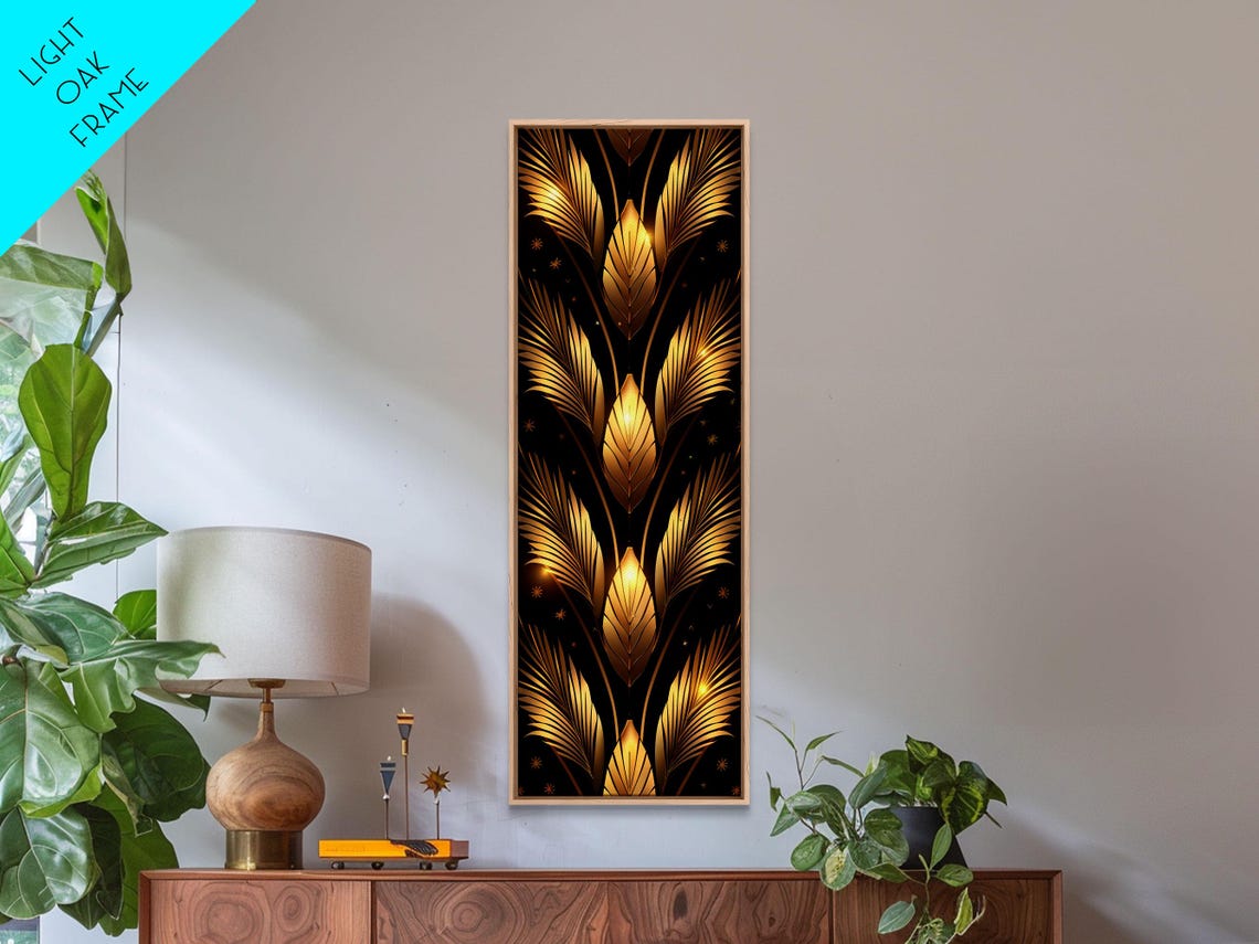 Gold Palm Leaf Feathers Pattern Black Background Art Deco Print