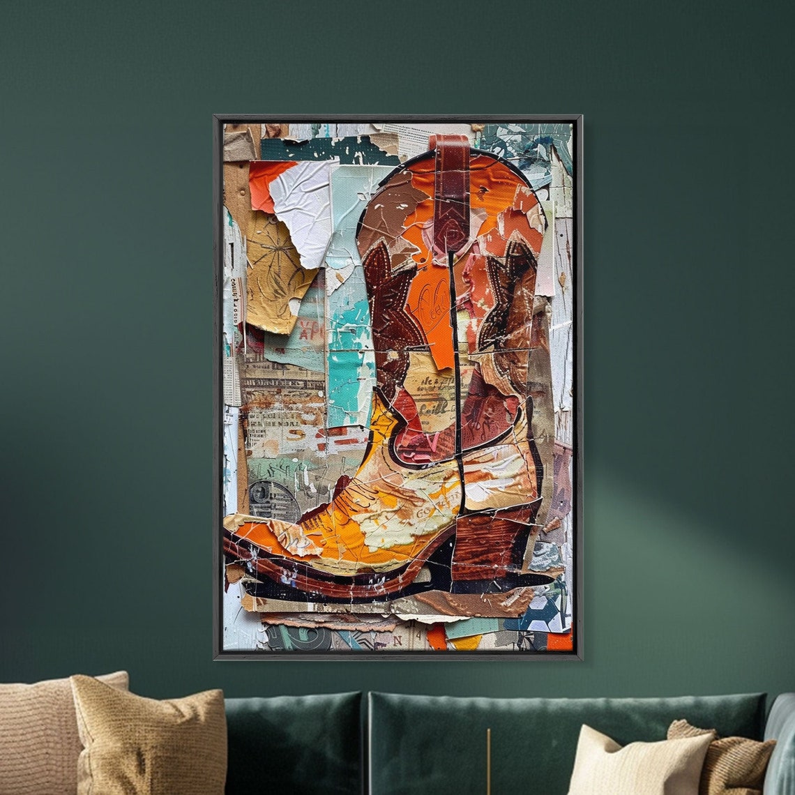 Rustic Cowboy Boot Collage On Distressed Background Framed Print Vintage Western Home Decor Unique Cowboy Boot Wall Art - Image 3