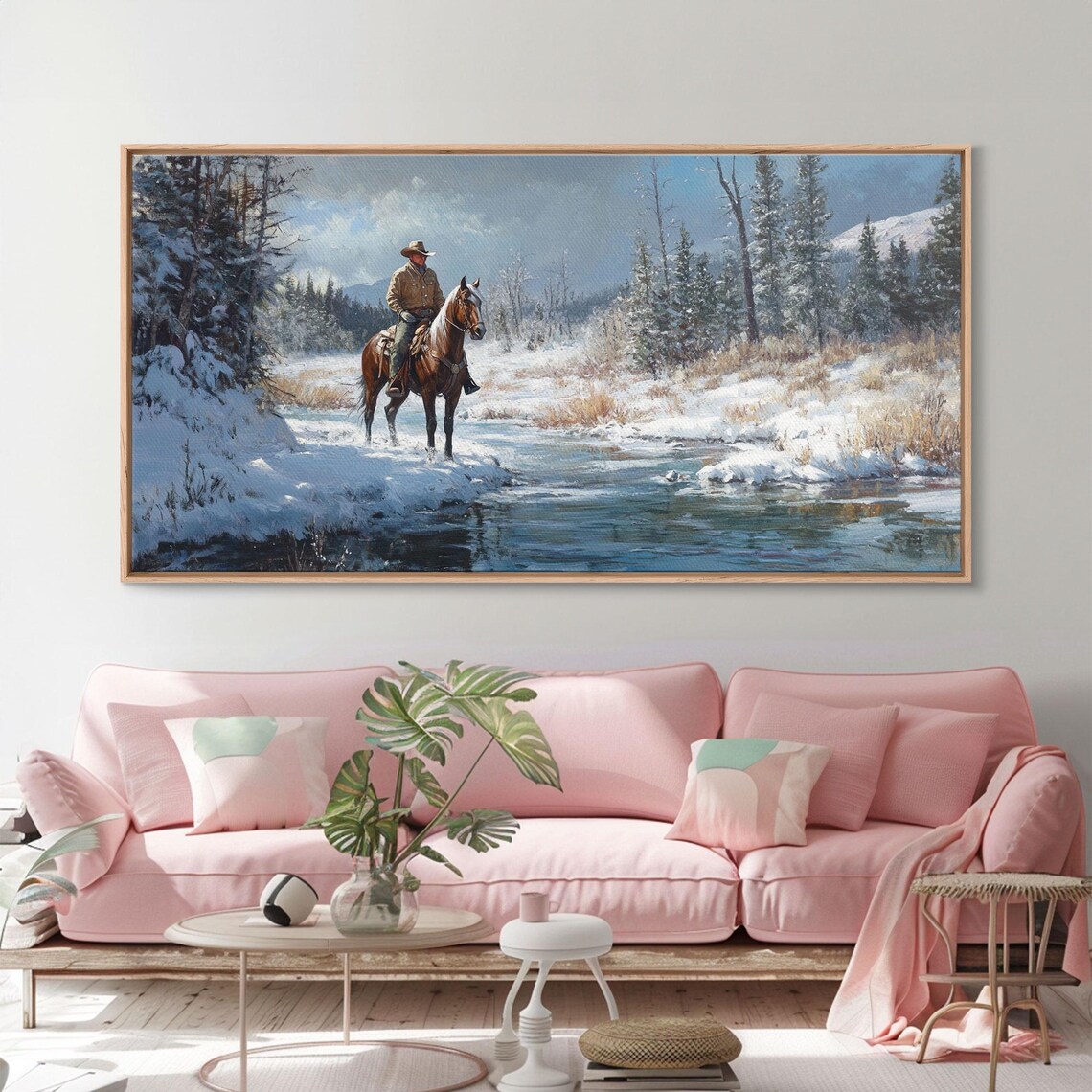 Cowboy Riding Horse Through Vibrant Autumn Forest Framed Print Tall Fall Wall Art Rustic Western Decor Moody Landscape - Image 2