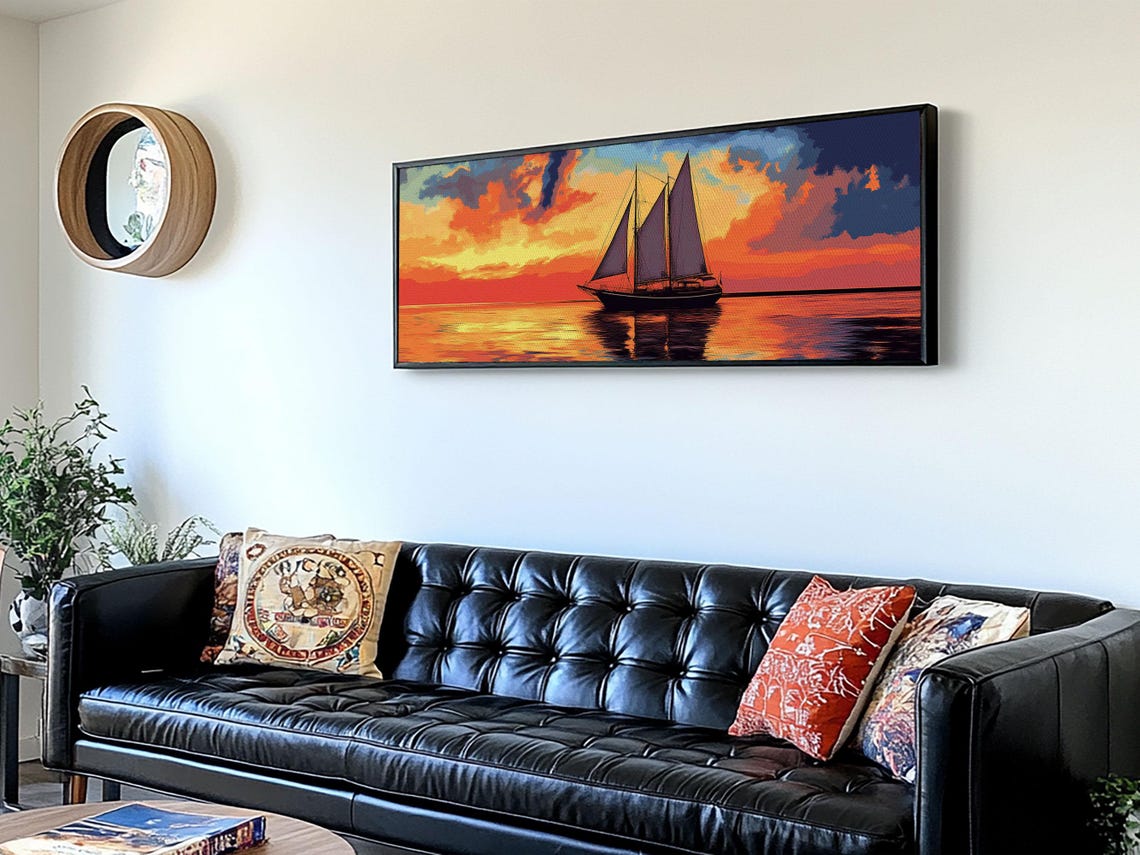Tall Sail Ship Sunset Orange Sky Ocean Panoramic Nautical Poster