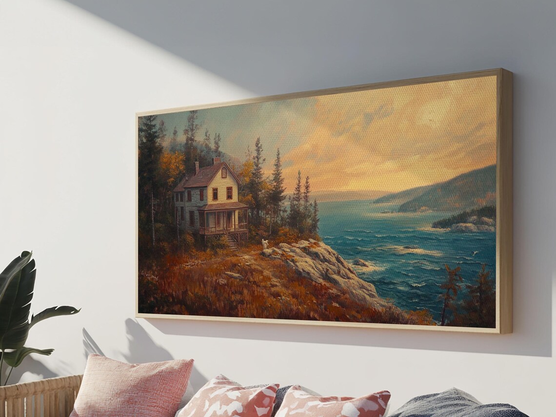 Coastal Cottage Cliff House Sunset Ocean View Landscape Travel Poster - Image 5