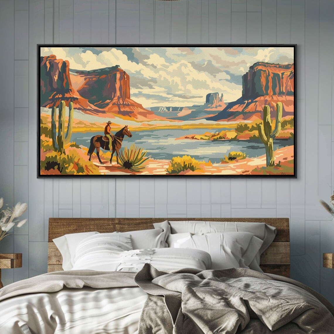 Cowboy In Monument Valley Style Desert River Mesas Vintage Art Poster - Image 3