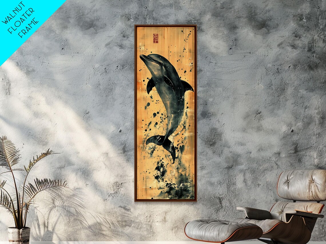 Leaping Dolphin Ink Wash Gold Splash Japanese Style Marine Art Poster - Image 2