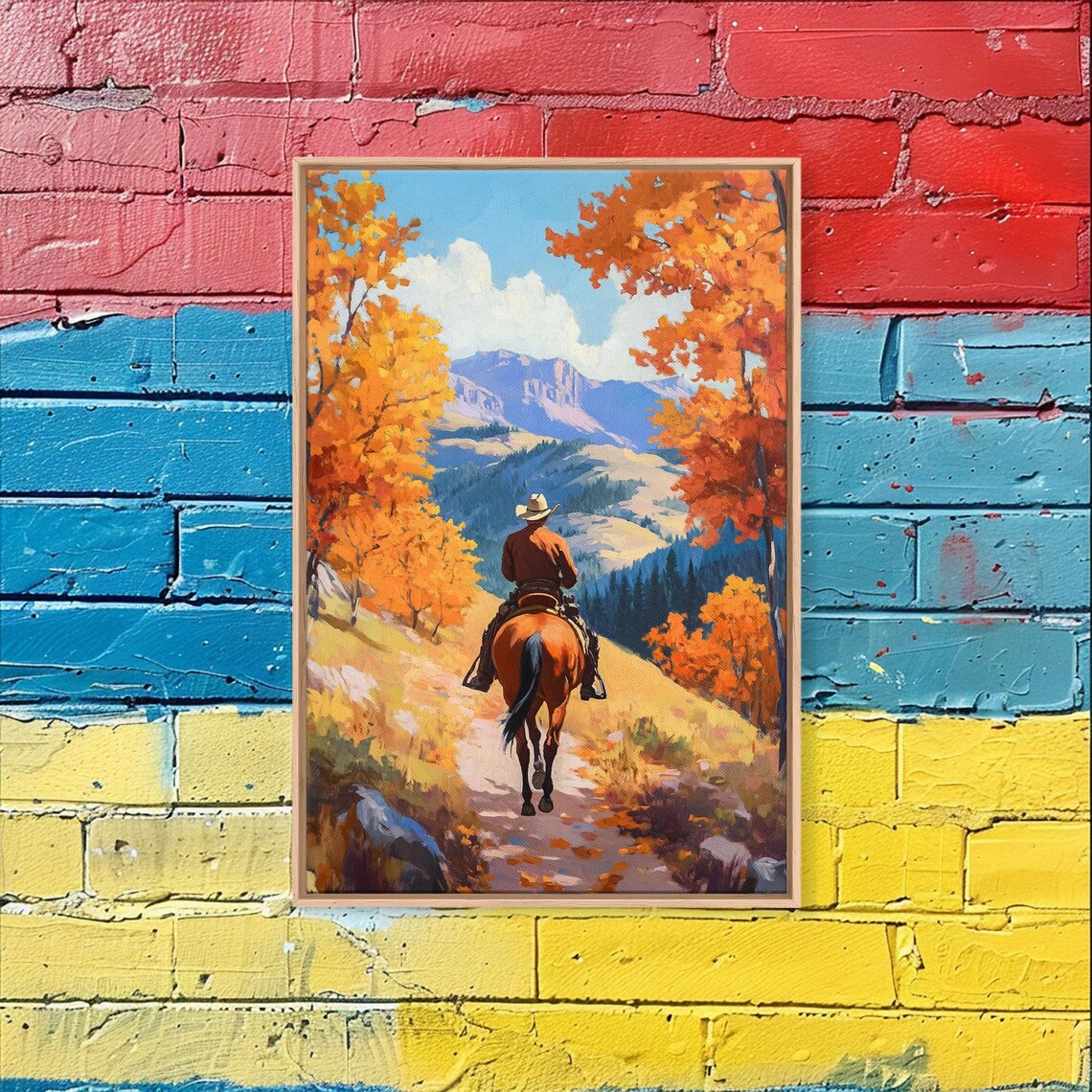 Cowboy Riding Through Autumn Trees Golden Fall Trail Mountain Poster