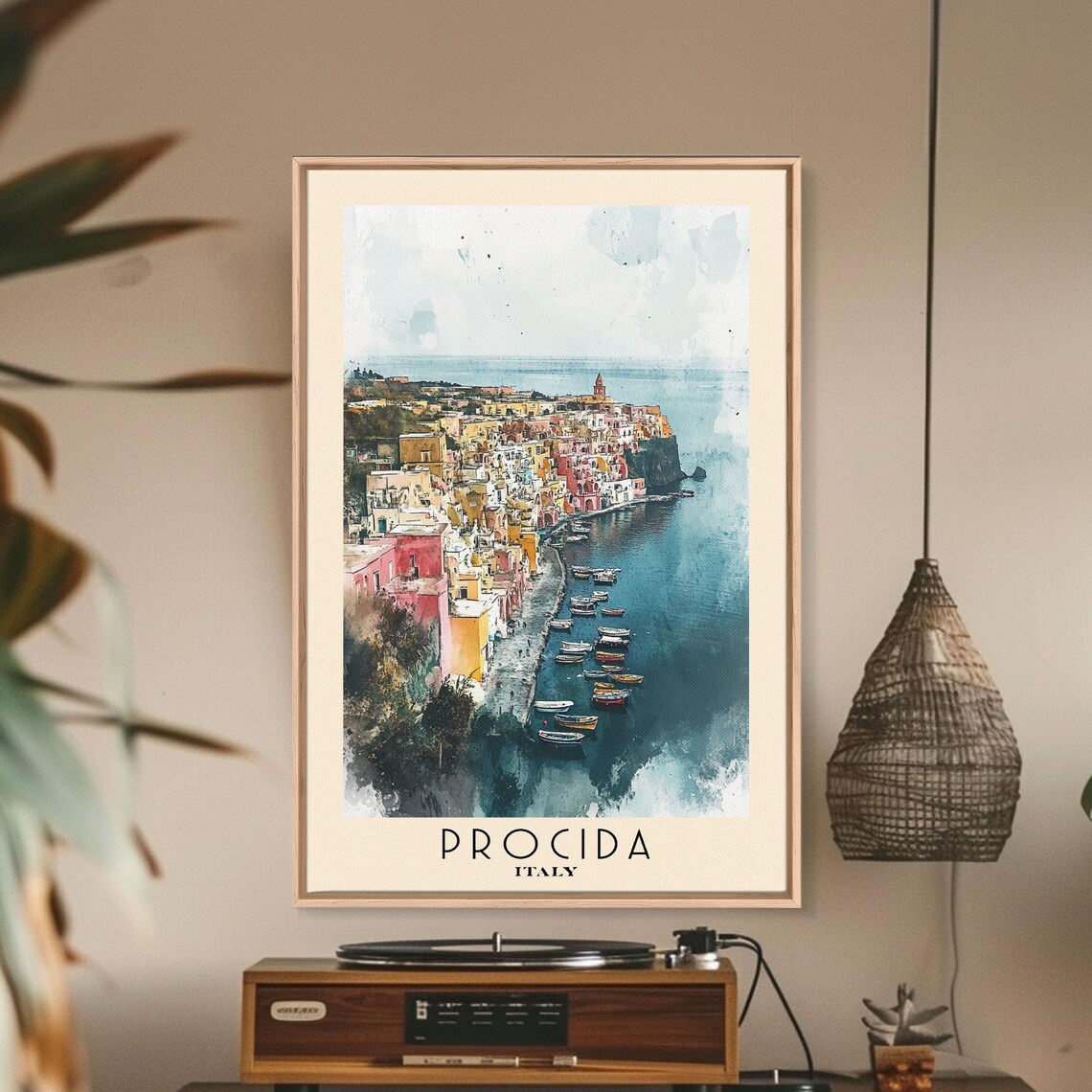Procida Italy Colorful Harbor Boats Pastel Waterfront Watercolor Poster - Image 2