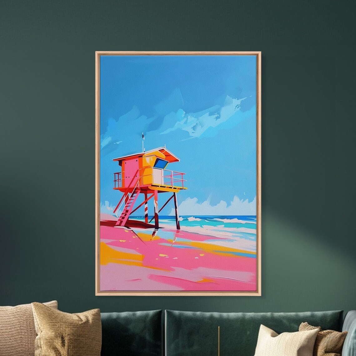 Colorful Lifeguard Tower On Sunny Pink Beach Coastal Wall Art - Image 2