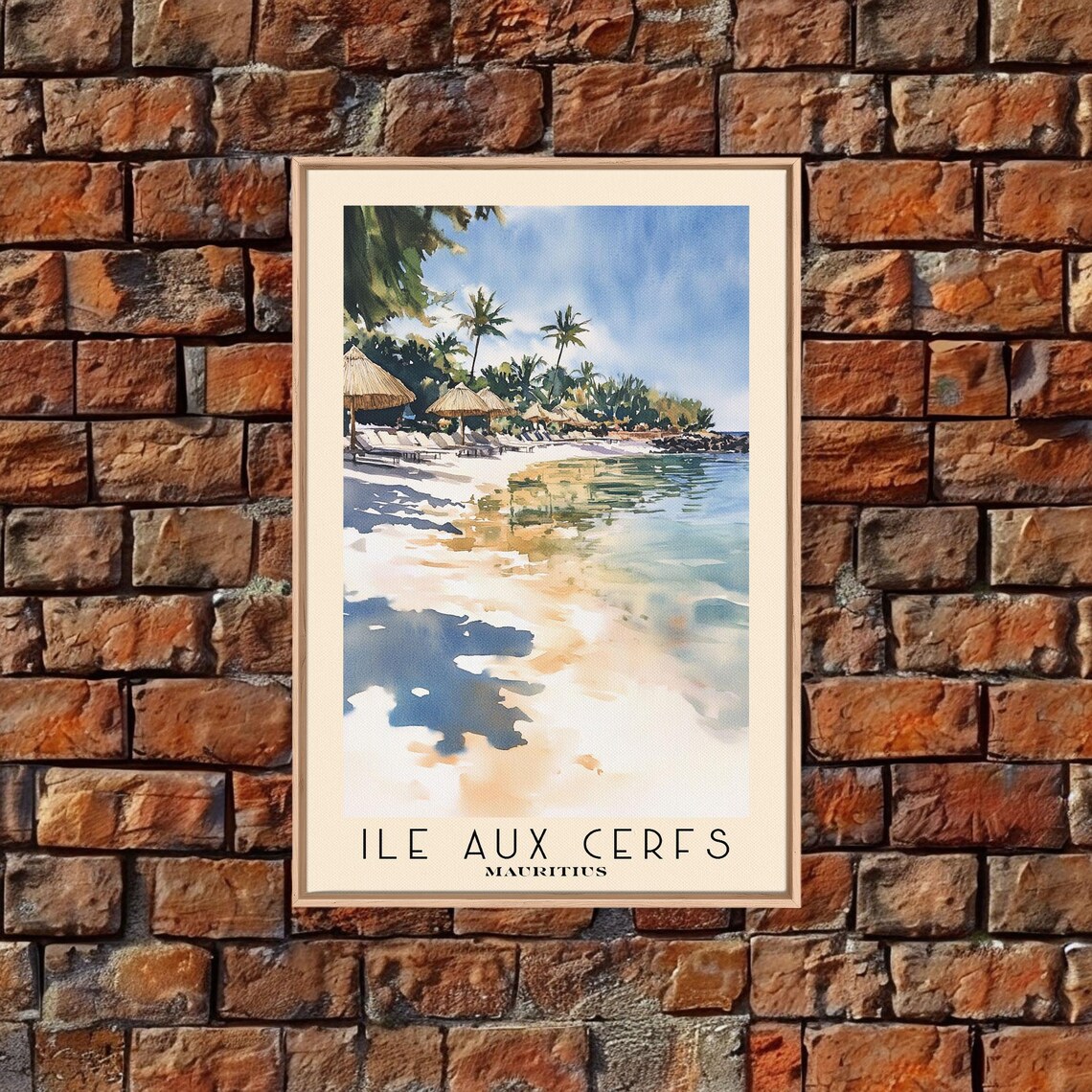 Ile aux Cerfs Mauritius Palm Beach Umbrellas Watercolor Island Poster - Image 5