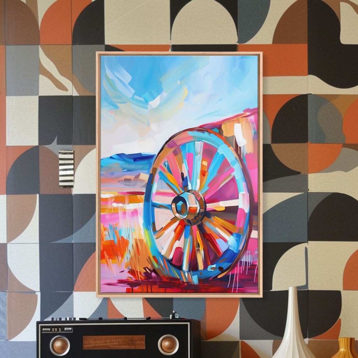 Rustic Wagon Wheel In Rainbow Abstract Colors Modern Art Poster - Image 4