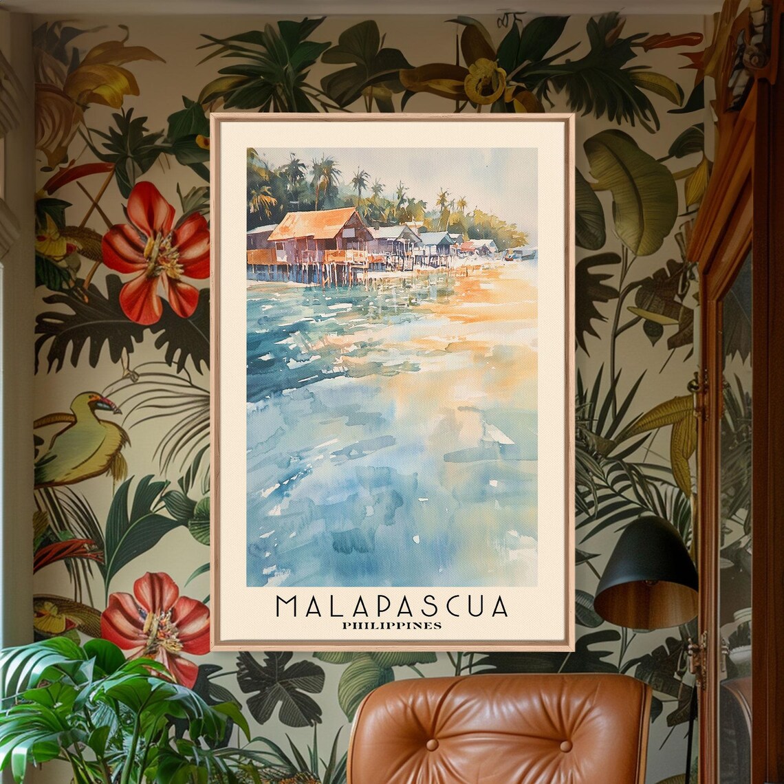 Malapascua Philippines Stilt Houses Over Sea Palm Trees Watercolor Poster - Image 2