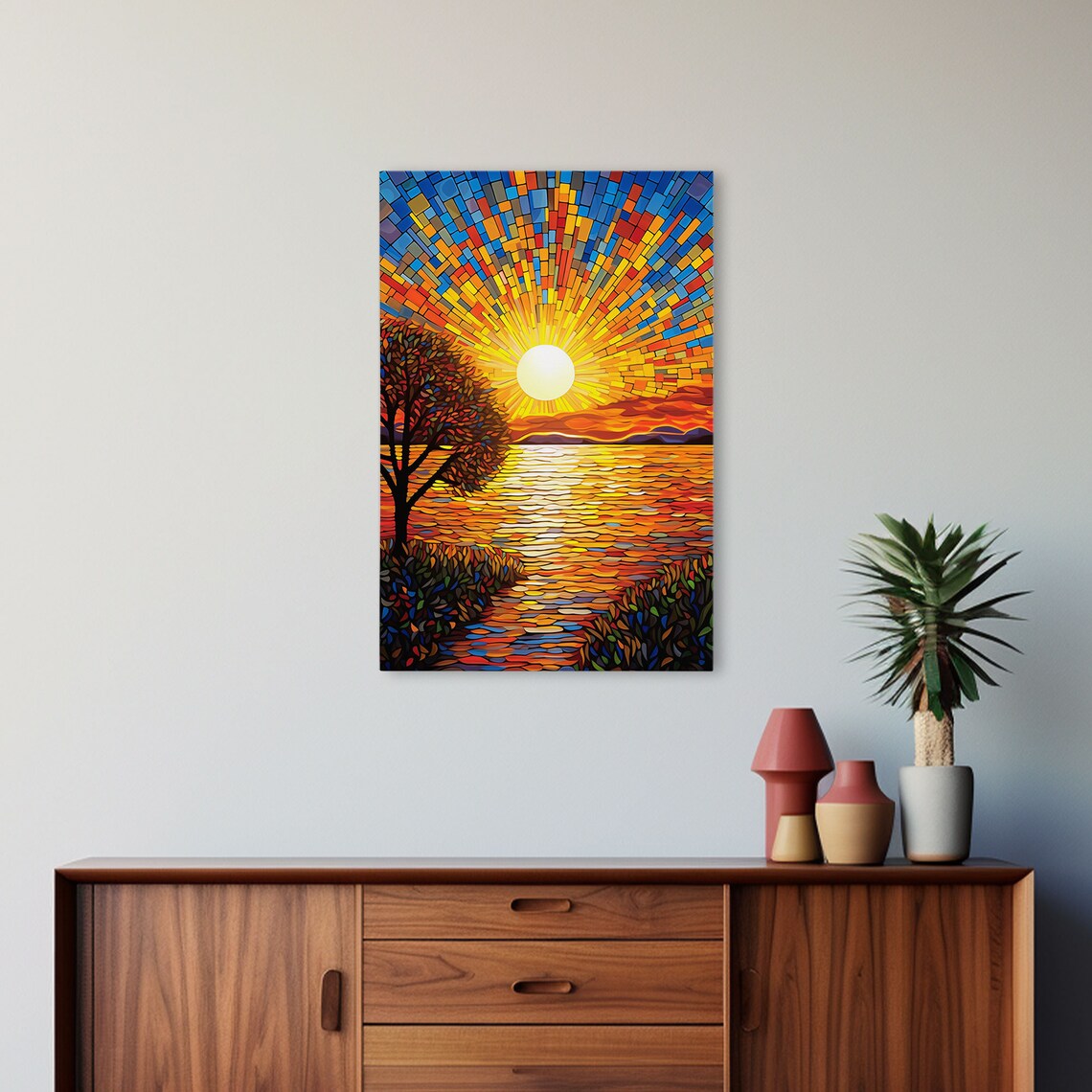 Mosaic Sunburst Sunrise Over Calm Lake Golden Rays Tree Shore Art Poster - Image 4
