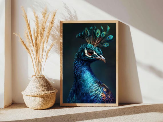 Vibrant Peacock Portrait Framed Print Bold Peacock Wall Art Tropical Bird Painting Exotic Animal Art Gift Idea