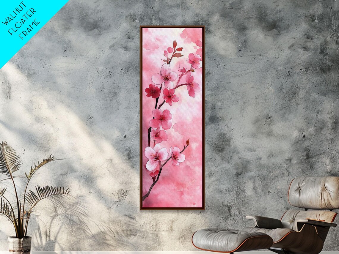 Delicate Pink Cherry Blossom Branch Watercolor Floral Wall Art - Image 2