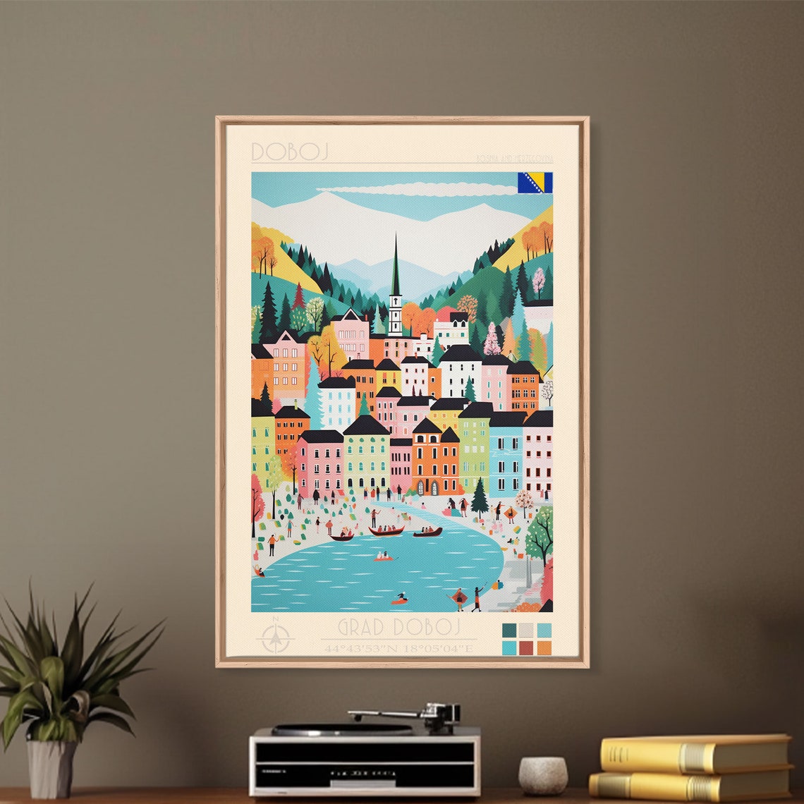 Doboj Bosnia Alpine River Boats Church Spire Mountain View Poster - Image 5
