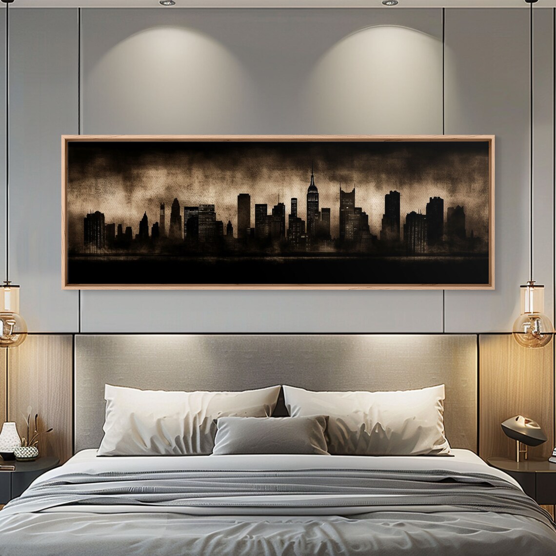 Dark Grunge City Skyline Silhouette Smoky Night Urban Wall Art Poster