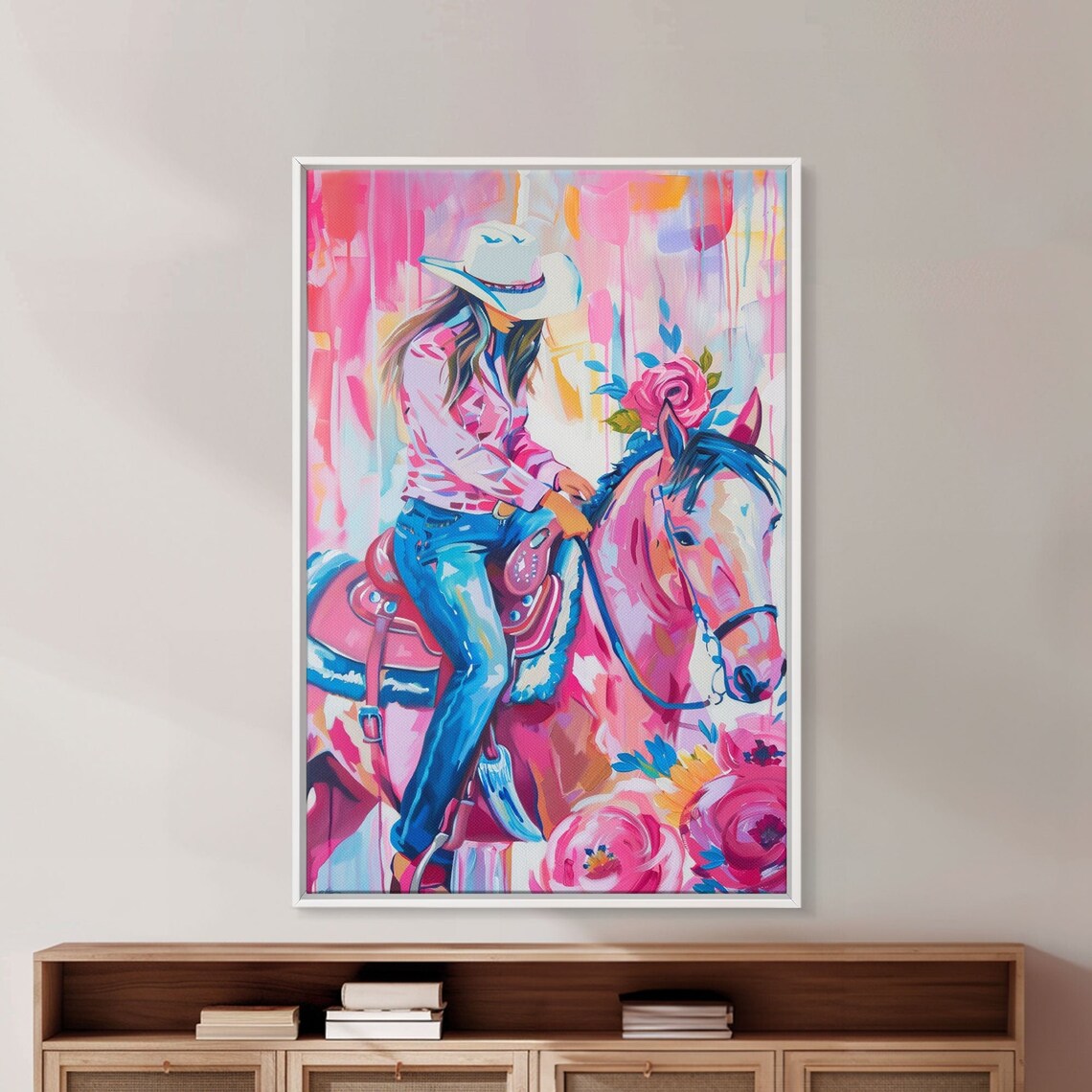 Cowgirl Riding Horse In Pink And Blue With Floral Accents Art Poster - Image 4