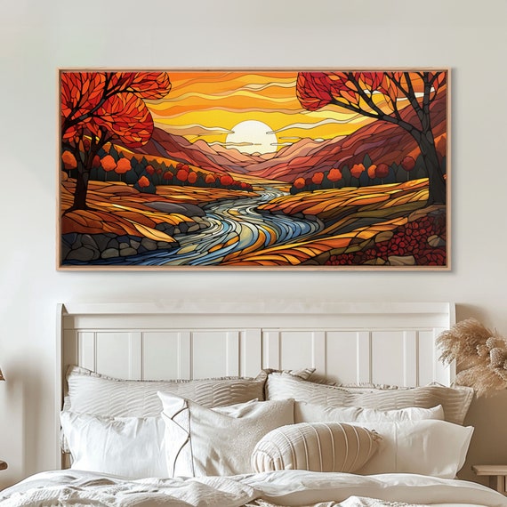 Fall Wall Art Abstract Wall Print Sunset Art River Art Print Wall Hanging Panoramic Art Nature Lover Gift Above Bed Decor