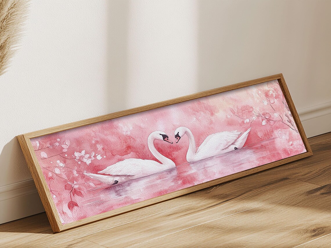 Romantic Swan Couple Pink Lake Watercolor Love Birds Wall Art - Image 6