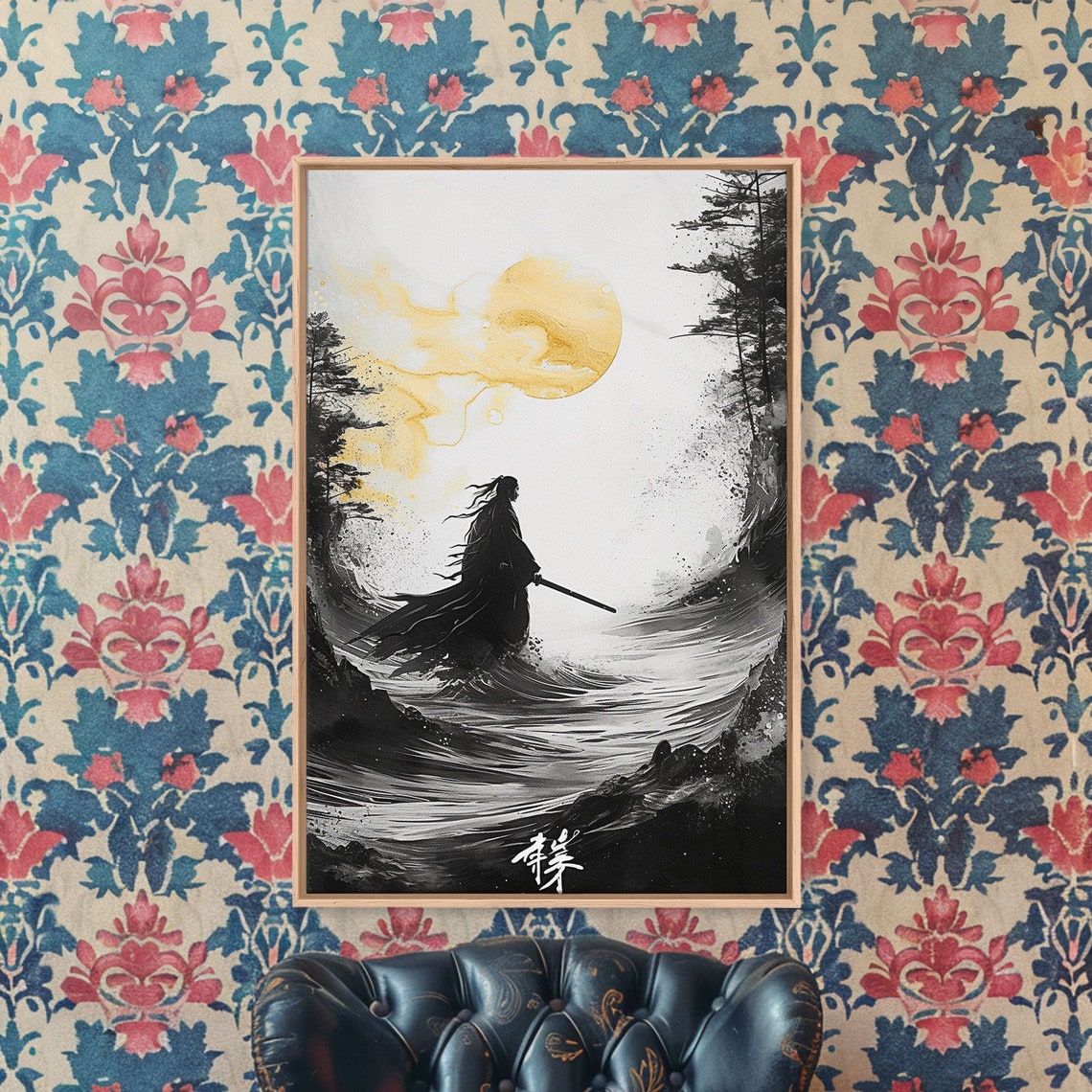 Samurai Silhouette Gold Moon Ocean Waves Ink Brush Japanese Wall Art - Image 5