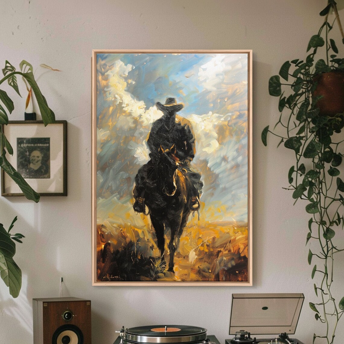 Silhouette Cowboy On Horseback At Dusk Golden Prairie Oil Poster - Image 3