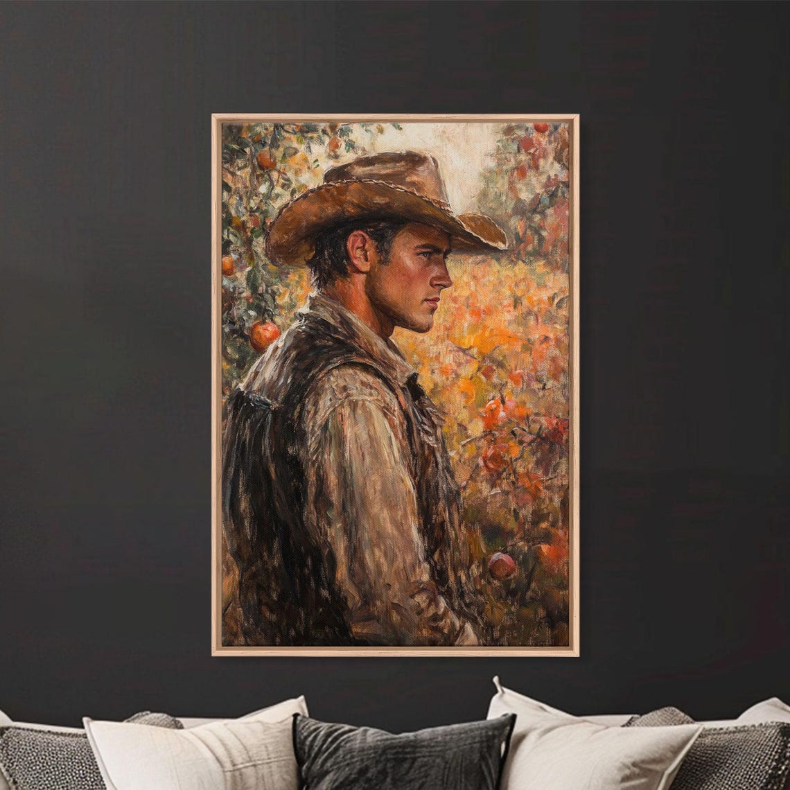 Thoughtful Cowboy Portrait Autumn Orchard Warm Painterly Art Poster