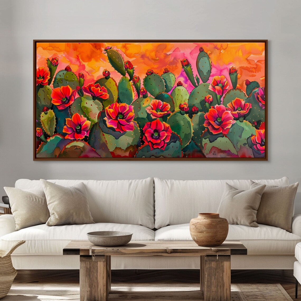 Desert Landscape With Blooming Cacti, Sunset Art Print