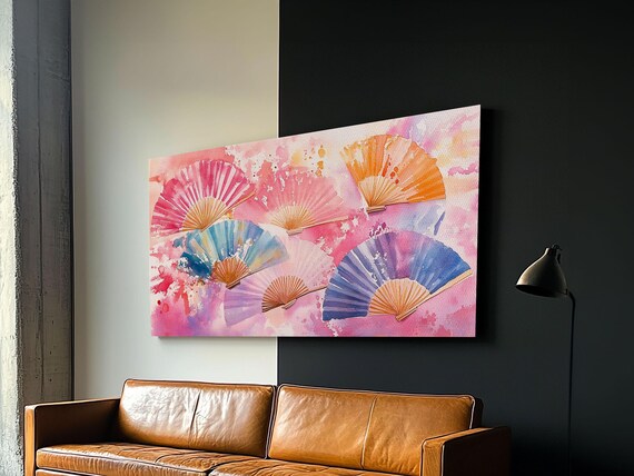 Watercolor Fans Colorful Print Whimsical Pink Orange Wall Art Chinoiserie Inspired Art Living Room Boho Decor