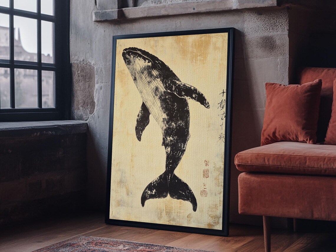 Japanese Humpback Whale Ink Painting Vintage Ocean Wall Poster