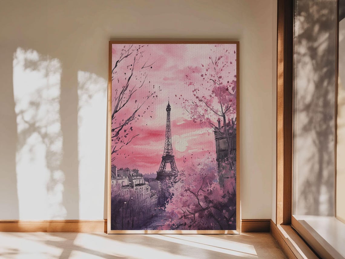 Paris Eiffel Tower With Cherry Blossoms Pink Romantic Cityscape Print - Image 5