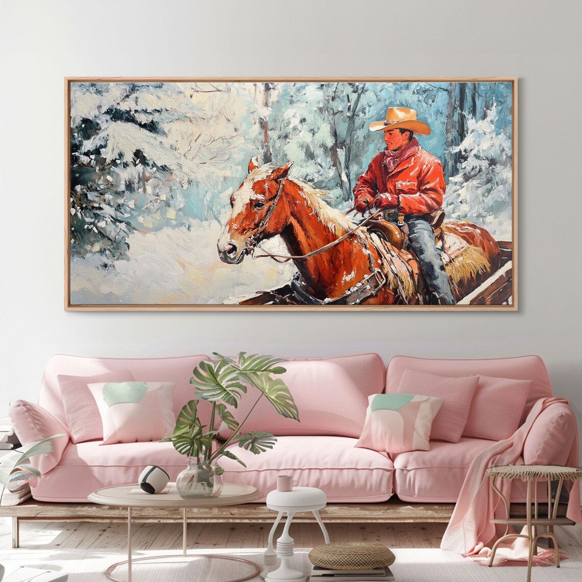 Cowboy In Red Jacket Riding Chestnut Horse Through Snowy Woods Poster - Image 5