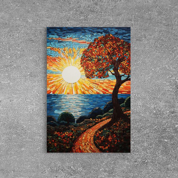 Mosaic Ocean Sunrise Red Leaf Tree Winding Path Coastal View Art Poster