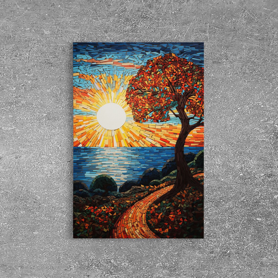 Mosaic Ocean Sunrise Red Leaf Tree Winding Path Coastal View Art Poster